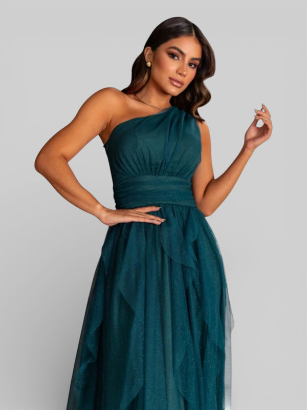 Vestido de Festa Alça Única Tule em Camadas Cascata - Aurea Dress