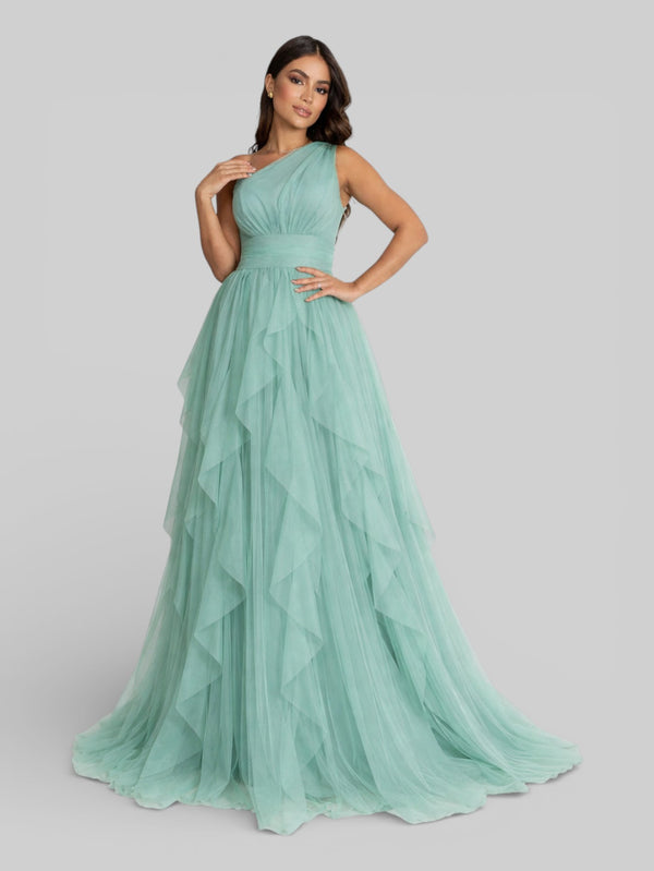 Vestido de Festa Alça Única Tule em Camadas Cascata - Aurea Dress