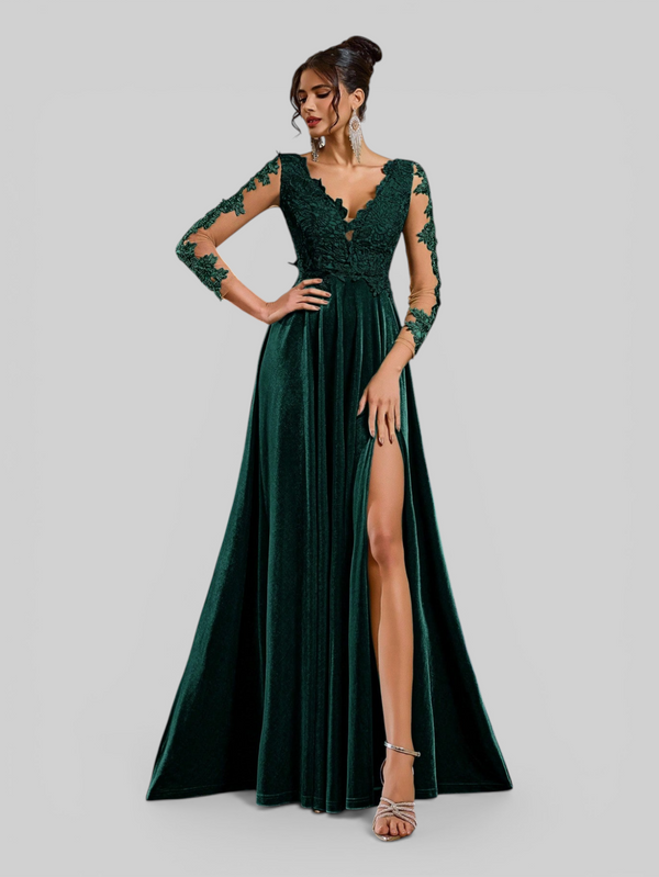 Vestido de Festa Longo Manga 3/4 Bordado Clemente - Aurea Dress