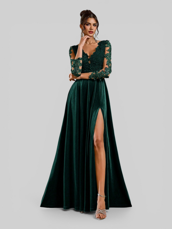 Vestido de Festa Longo Manga 3/4 Bordado Clemente - Aurea Dress