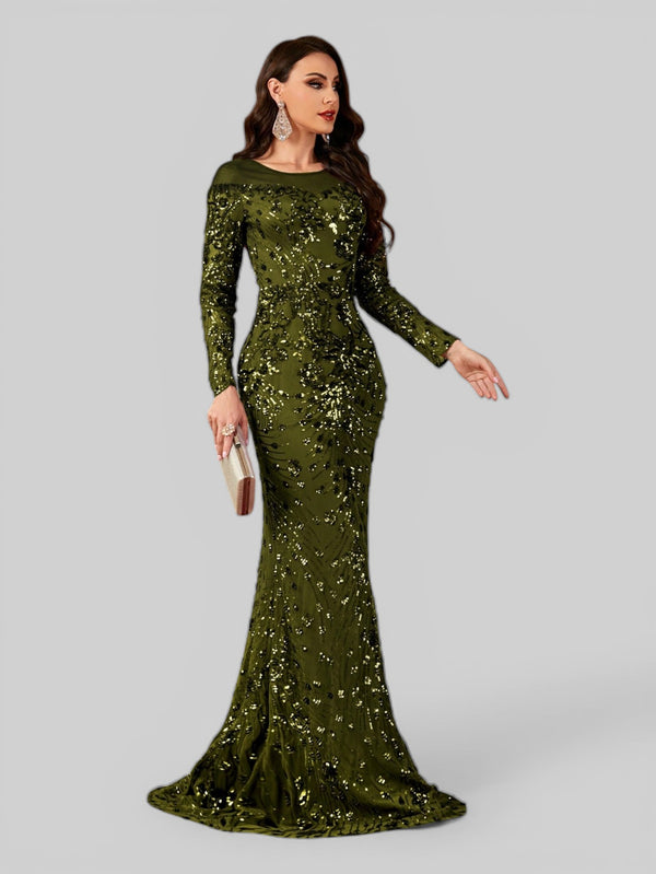 Vestido de Festa Manga Longa Luxo em Paetê Dominic