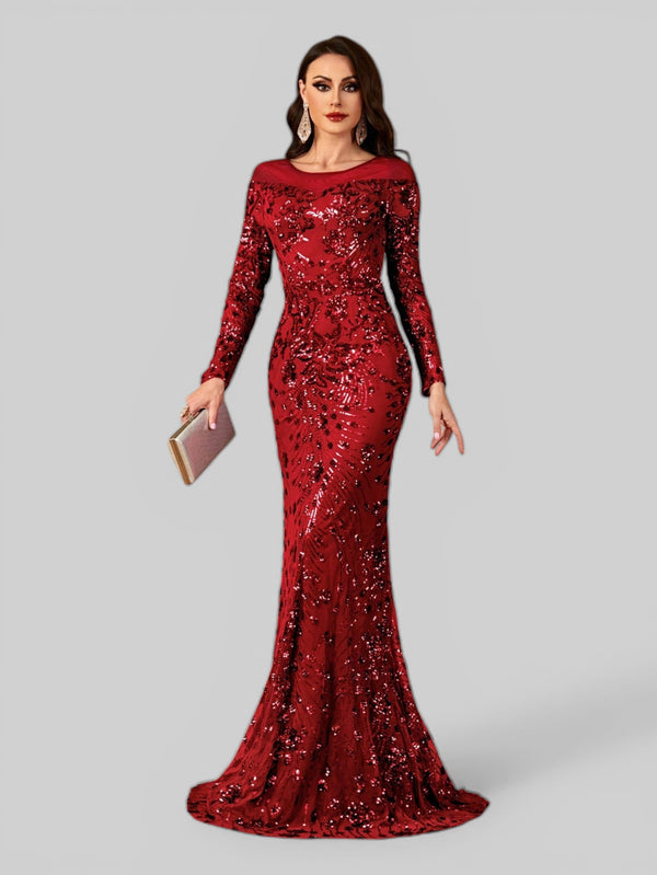 Vestido de Festa Manga Longa Luxo em Paetê Dominic