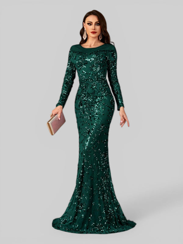 Vestido de Festa Manga Longa Luxo em Paetê Dominic