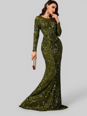 Vestido de Festa Manga Longa Luxo em Paetê Dominic