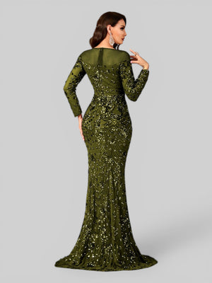 Vestido de Festa Manga Longa Luxo em Paetê Dominic