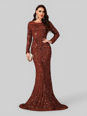 Vestido de Festa Manga Longa Luxo em Paetê Dominic