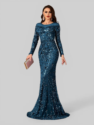 Vestido de Festa Manga Longa Luxo em Paetê Dominic