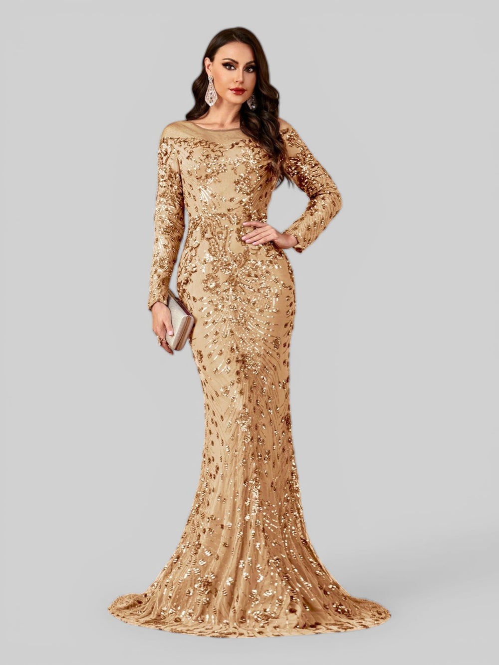 Vestido de Festa Manga Longa Luxo em Paetê Dominic