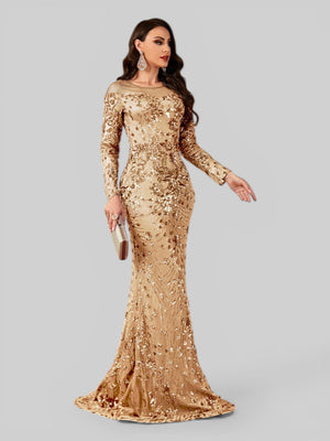 Vestido de Festa Manga Longa Luxo em Paetê Dominic