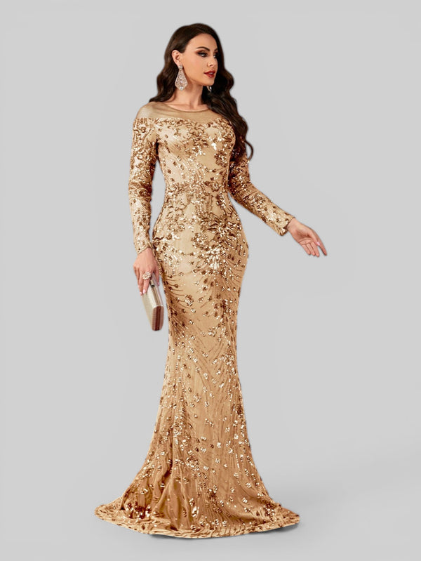 Vestido de Festa Manga Longa Luxo em Paetê Dominic