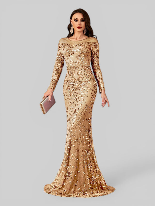 Vestido de Festa Manga Longa Luxo em Paetê Dominic