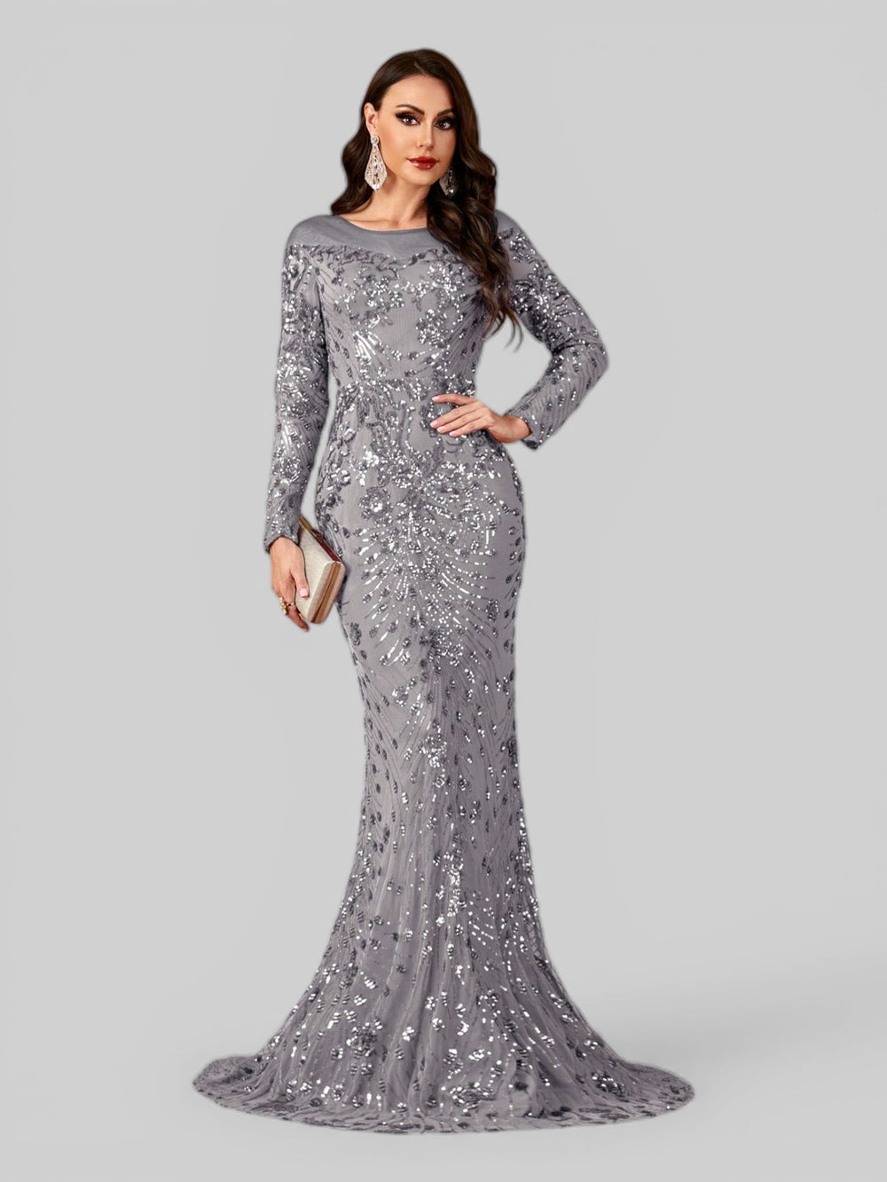 Vestido de Festa Manga Longa Luxo em Paetê Dominic