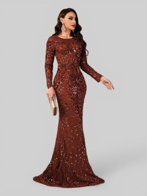 Vestido de Festa Manga Longa Luxo em Paetê Dominic