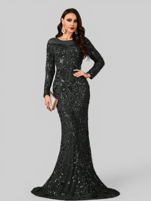 Vestido de Festa Manga Longa Luxo em Paetê Dominic