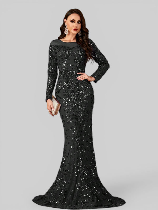 Vestido de Festa Manga Longa Luxo em Paetê Dominic