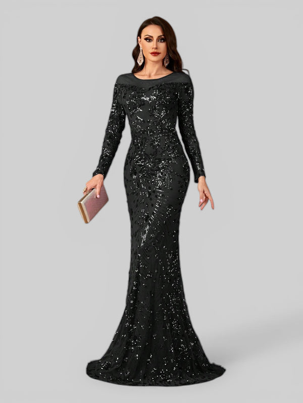 Vestido de Festa Manga Longa Luxo em Paetê Dominic