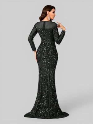 Vestido de Festa Manga Longa Luxo em Paetê Dominic
