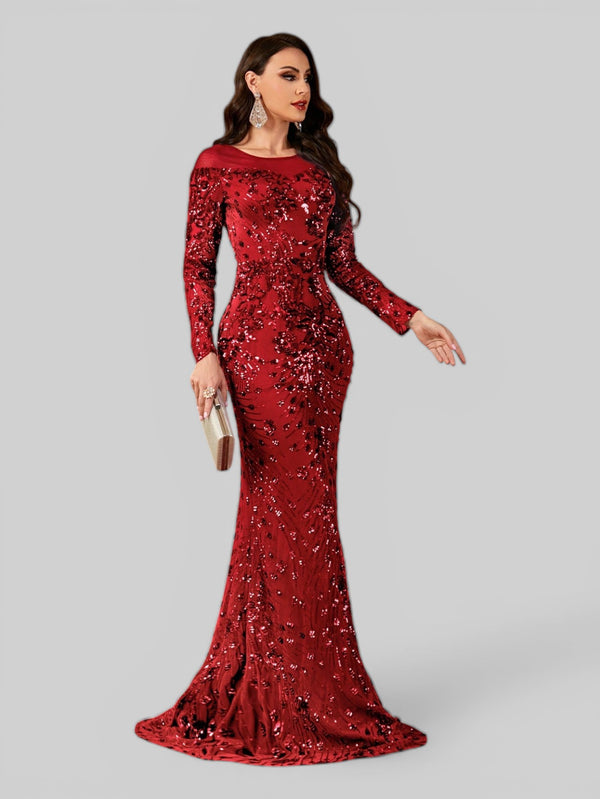 Vestido de Festa Manga Longa Luxo em Paetê Dominic