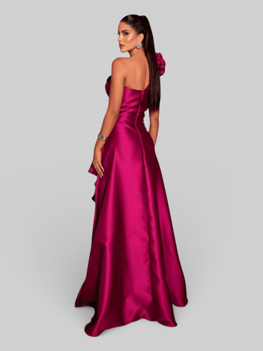 Vestido de Festa Longo Nula Manga com Flor Drape