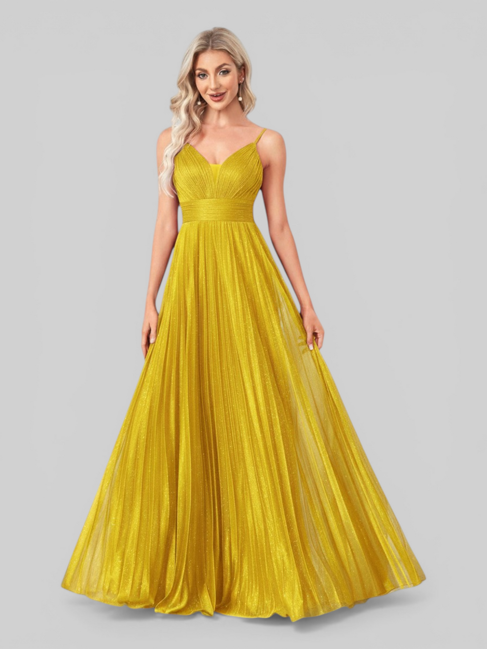 Vestido de Festa Longo Plissado com Brilho Emille