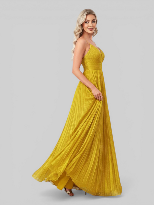 Vestido de Festa Longo Plissado com Brilho Emille