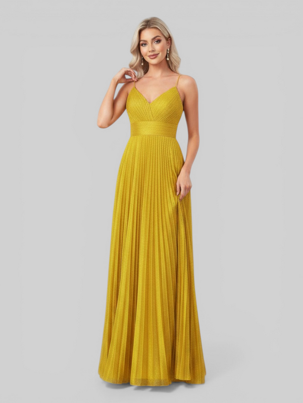 Vestido de Festa Longo Plissado com Brilho Emille