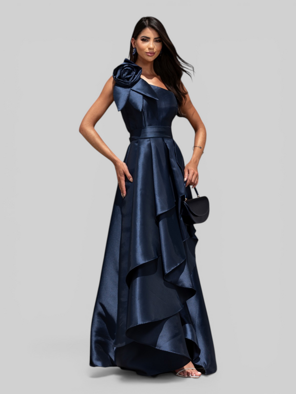 Vestido de Festa Longo Zibeline Drape Flowers