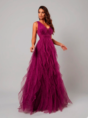 Vestido de Festa Longo com Alças Camadas Cascata com Brilho