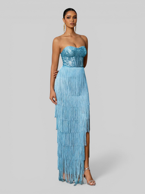 Vestido de Festa sem Alças com Franjas Margott