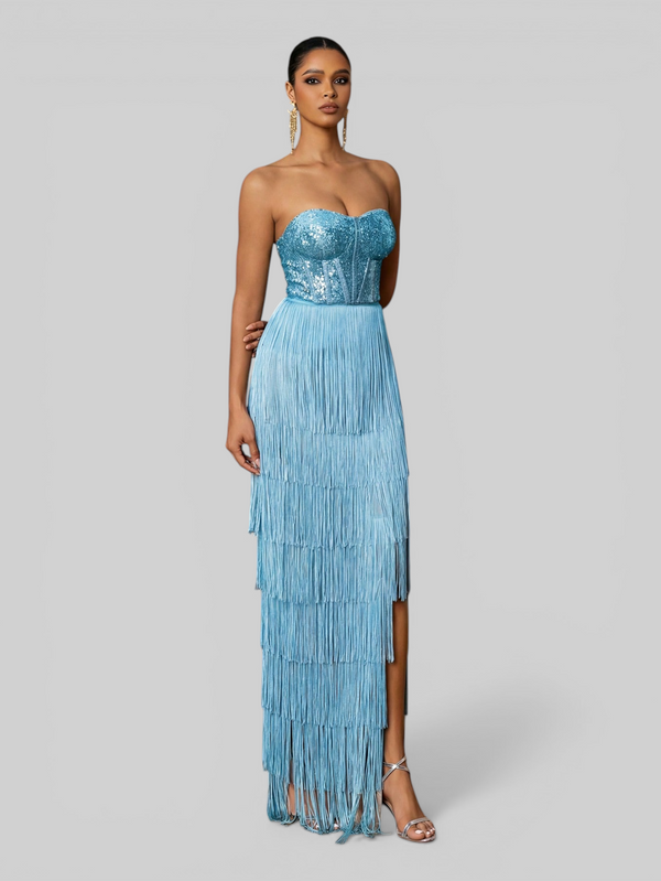 Vestido de Festa sem Alças com Franjas Margott
