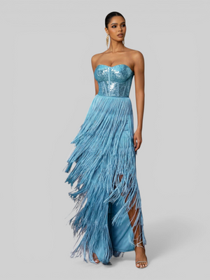 Vestido de Festa sem Alças com Franjas Margott