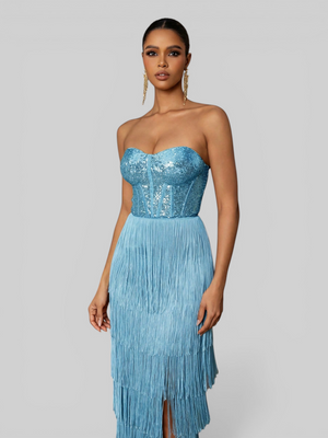 Vestido de Festa sem Alças com Franjas Margott