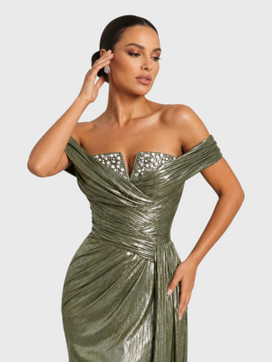 Vestido de Festa Longo Premium Ombro a Ombro Metalizado Pérolas