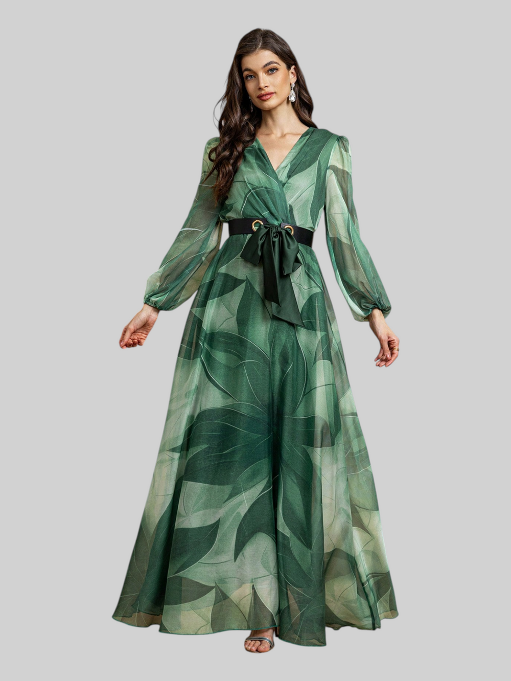 Vestido de Festa Longo Estampando com Cinto Nava