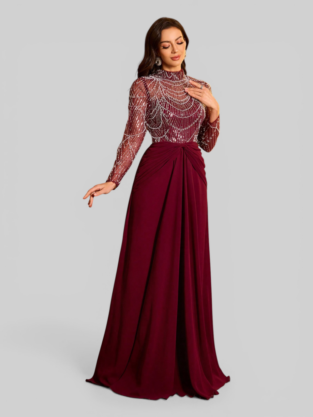 Vestido de Festa Manga Longa Super Luxo Pérolado