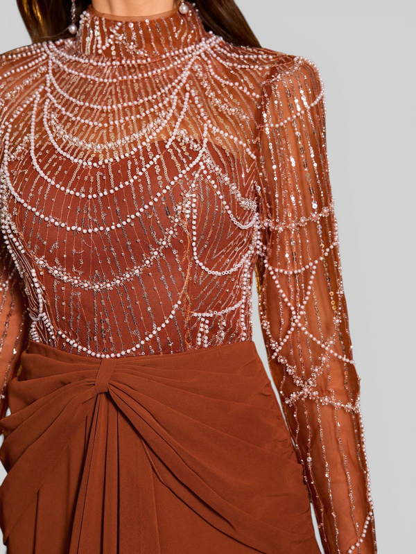 Vestido de Festa Manga Longa Super Luxo Pérolado