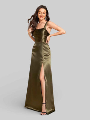 Vestido de Festa com Fenda Gola Quadrada Acetinado