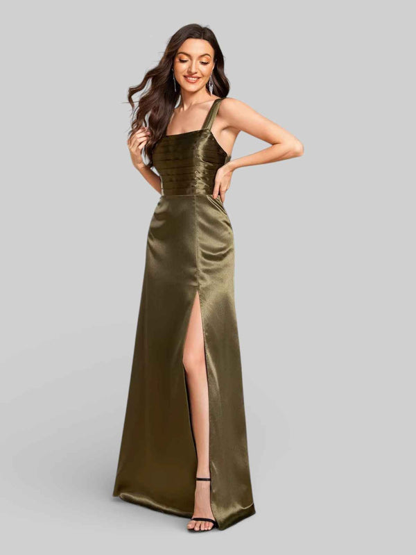 Vestido de Festa com Fenda Gola Quadrada Acetinado