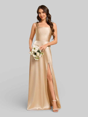 Vestido de Festa com Fenda Gola Quadrada Acetinado