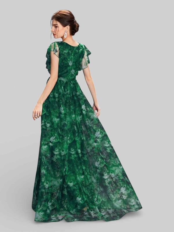 Vestido de Festa Longo Floral Babados