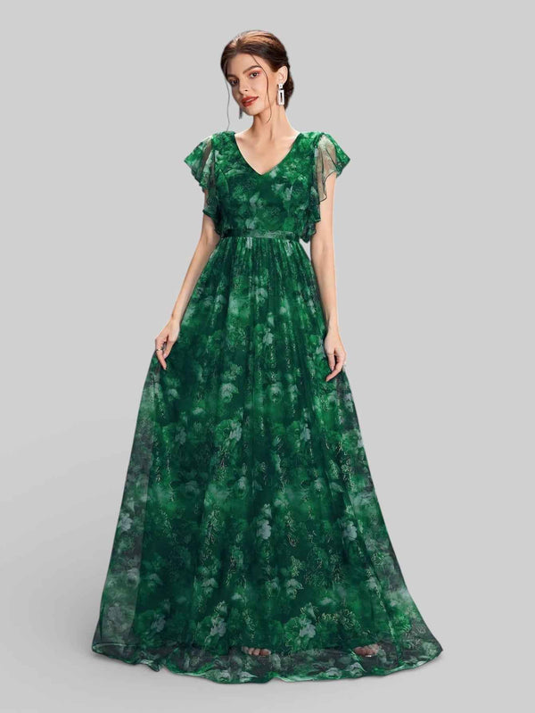 Vestido de Festa Longo Floral Babados