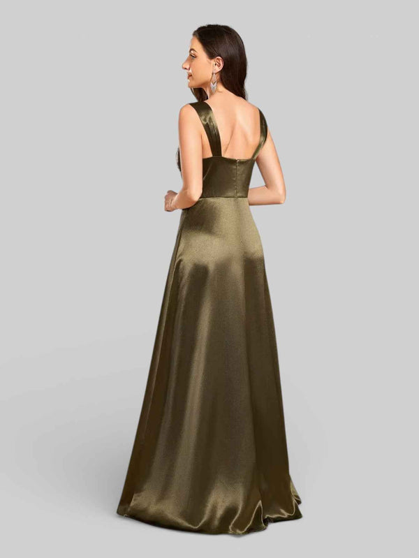 Vestido de Festa com Fenda Gola Quadrada Acetinado
