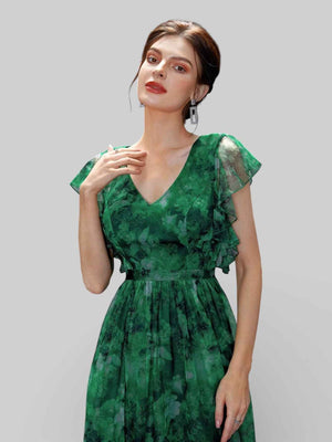 Vestido de Festa Longo Floral Babados