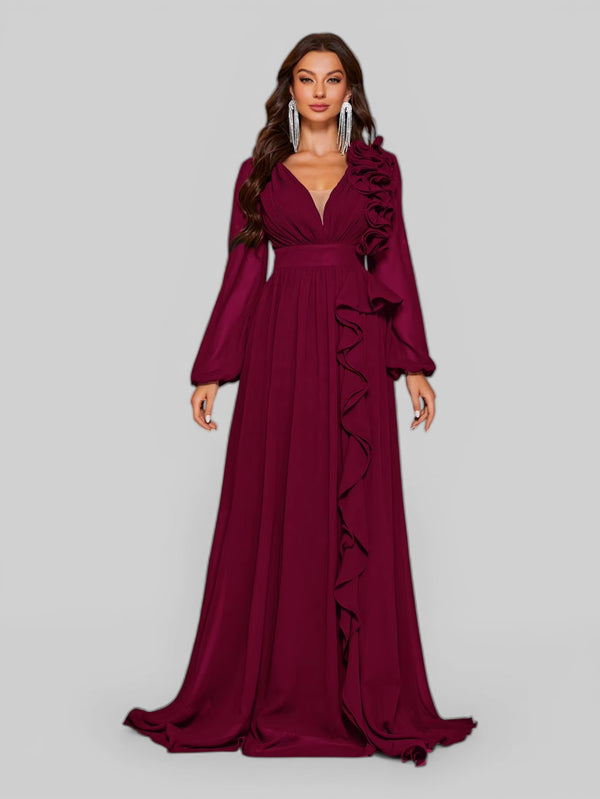 Vestido de Festa Plus Size Manga Longa Babados Savana - Aurea Dress