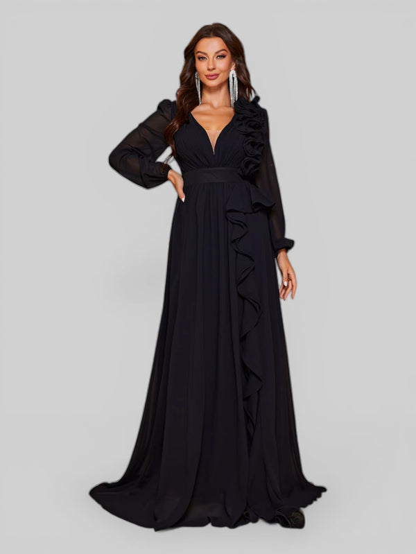 Vestido de Festa Plus Size Manga Longa Babados Savana - Aurea Dress