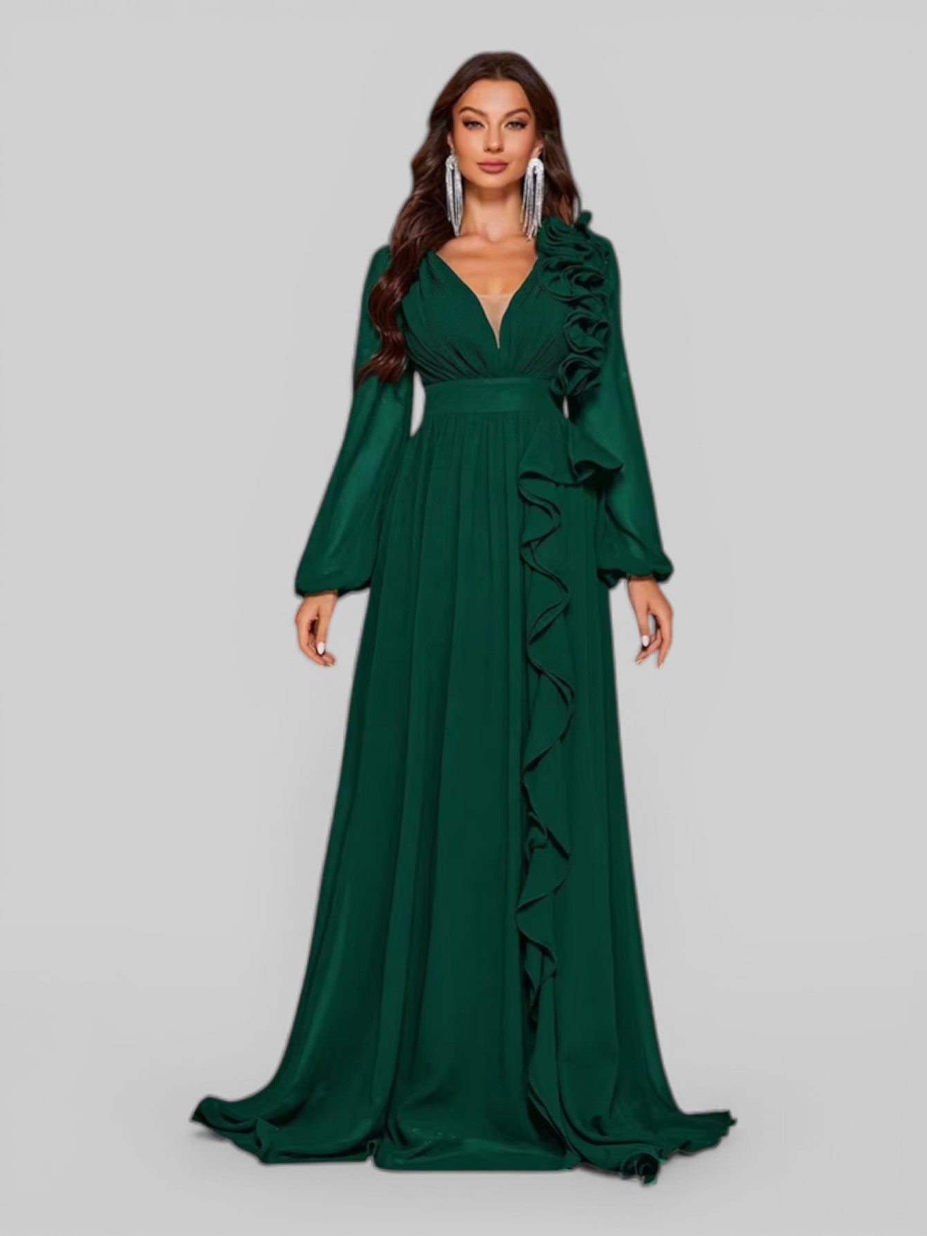 Vestido de Festa Plus Size Manga Longa Babados Savana