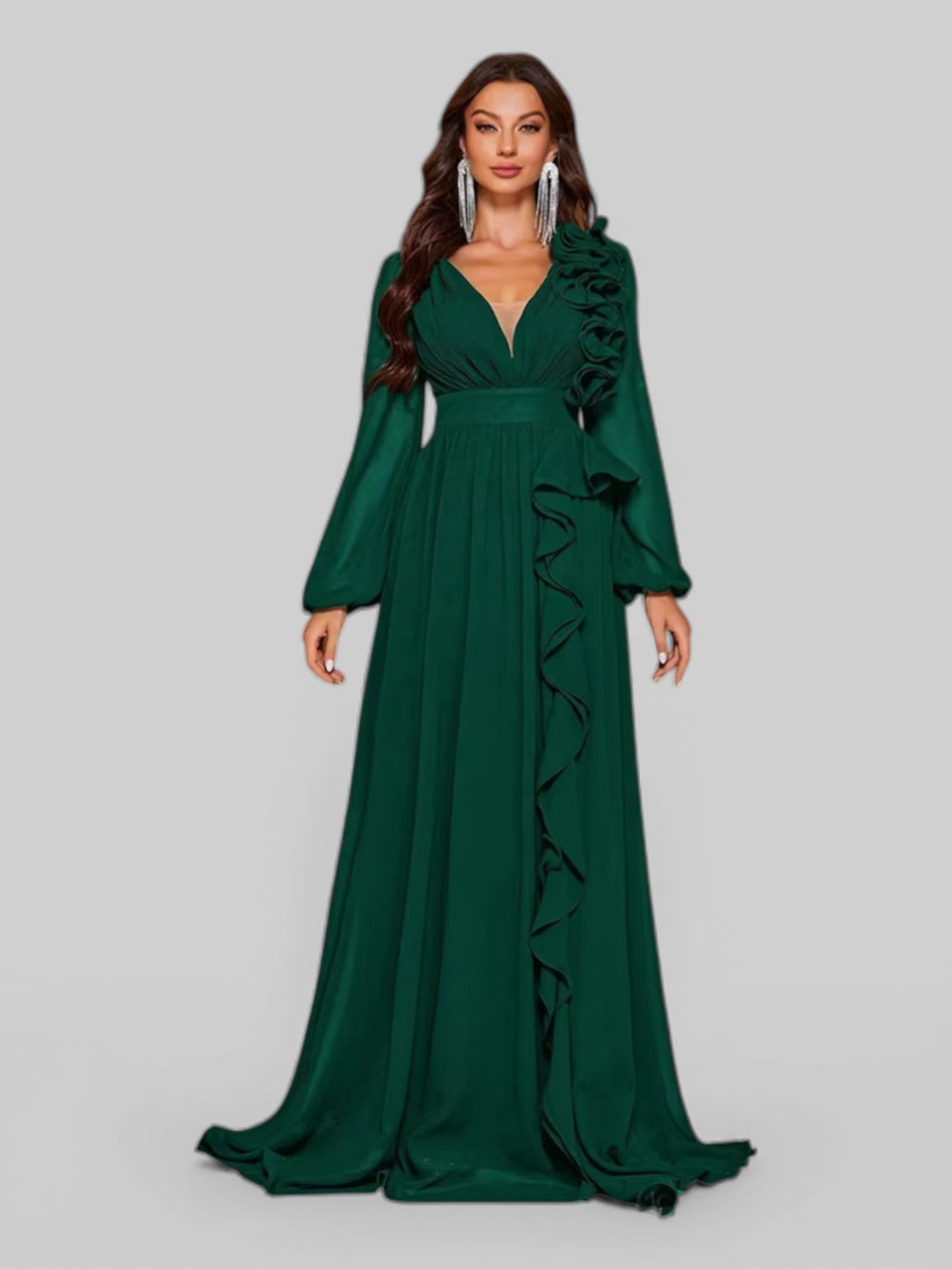 Vestido de Festa Plus Size Manga Longa Babados Savana