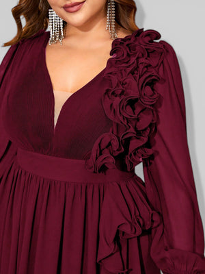 Vestido de Festa Plus Size Manga Longa Babados Savana - Aurea Dress