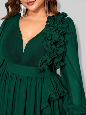Vestido de Festa Plus Size Manga Longa Babados Savana - Aurea Dress