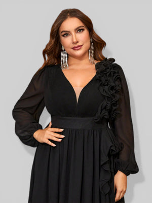 Vestido de Festa Plus Size Manga Longa Babados Savana - Aurea Dress